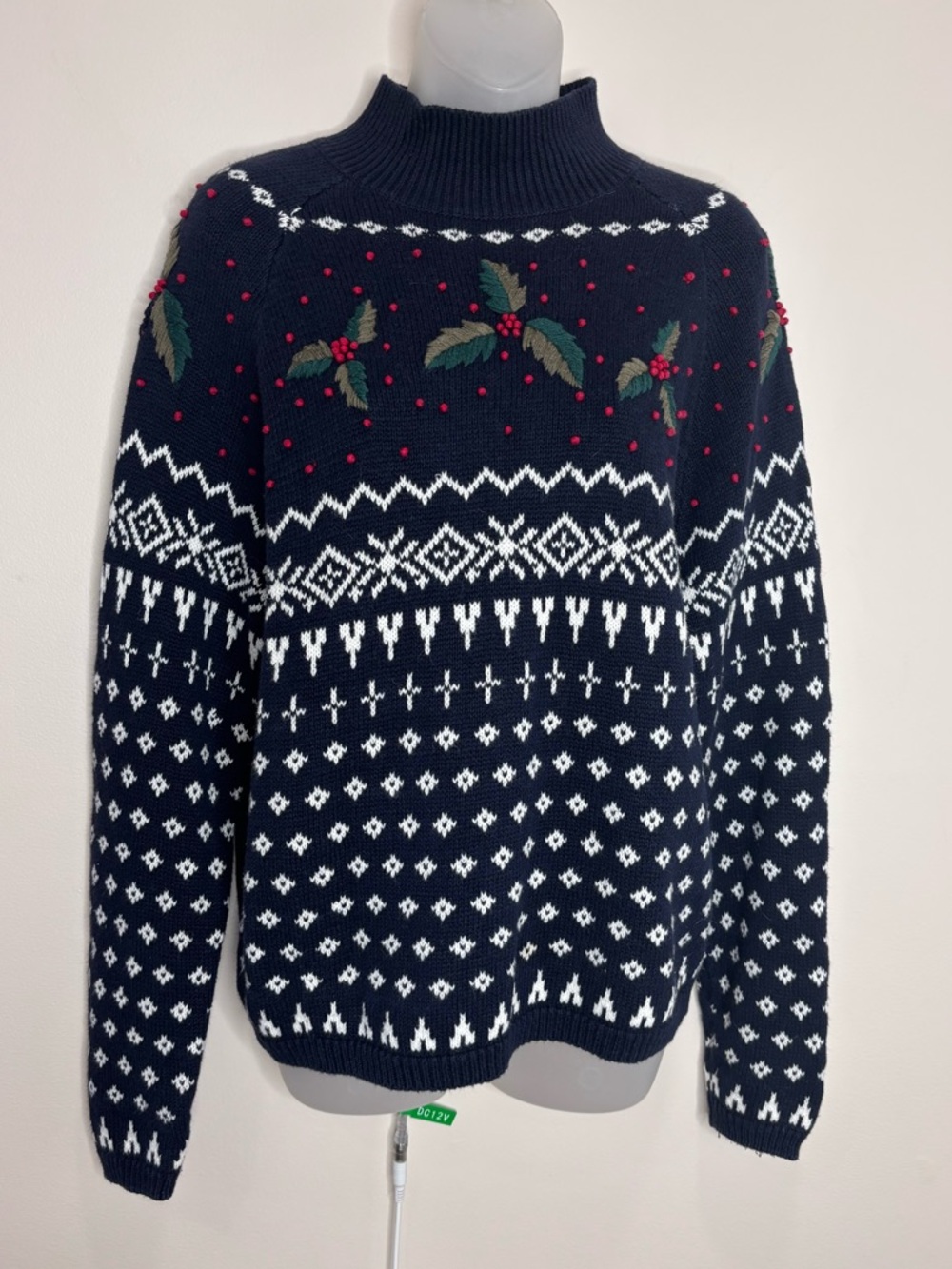 DressBarn Navy Holiday Cowlneck Sweater Red Berry Embroidery medium cotton blend